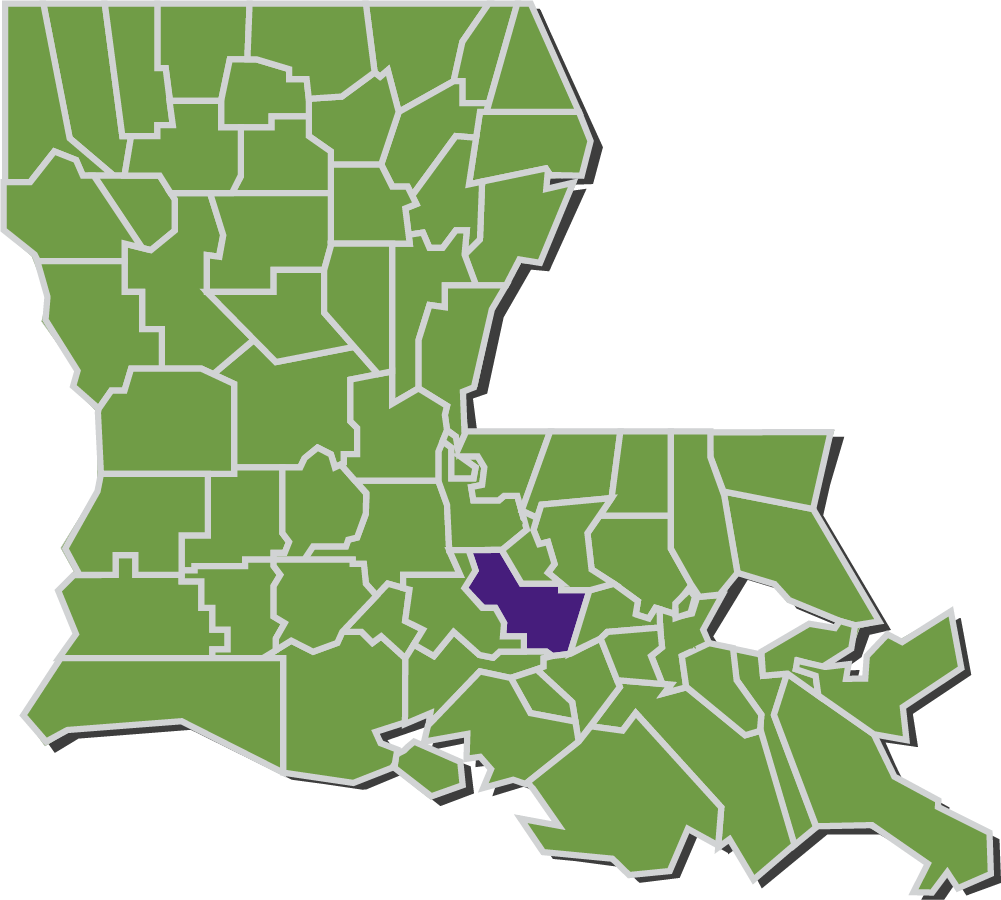 Map of Louisiana parishes with Iberville parish highlighted in purple.